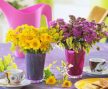 黄色,雏菊,桌上,咖啡