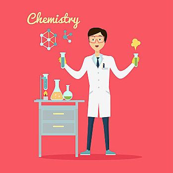 化学,旗帜,概念,风格,科学家,化学家,实验室长颈瓶,科学,实验,隔绝,红色背景,科技,研究,矢量,插画