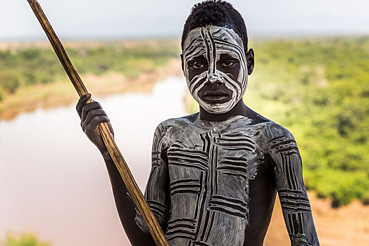 男孩,卡罗部落,12岁,人体彩绘,奥莫河,南方,区域,埃塞俄比亚,非洲