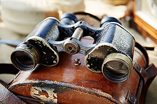 一对,旧式,双筒望远镜,破旧,皮革,容器,跳蚤市场
