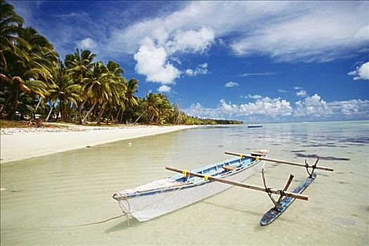 库克群岛,爱图塔基,独木舟,平静,浅,海洋,白沙,手掌,排列,海滩