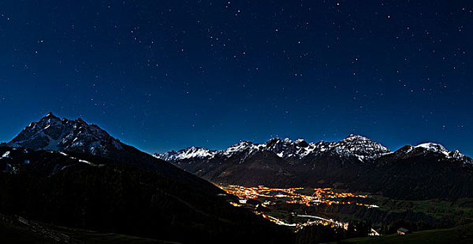风景,月光,夜晚,星空,正面,后面,阿尔卑斯山,山谷,提洛尔,奥地利,欧洲