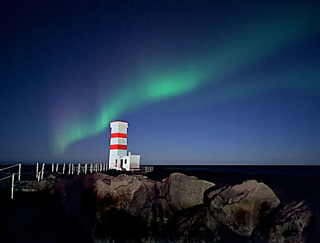 北极光,上方,灯塔,雷克雅奈斯,半岛,冰岛