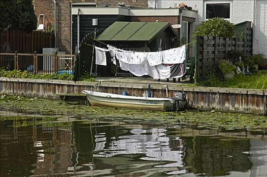 衣服,晾衣绳,房子,船,运河,荷兰南部,荷兰