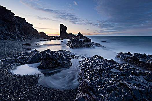 冰岛,海滩,海洋,水,日出,斯奈山半岛,石头,天空,火山岩,黑色,暗色