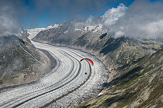 滑翔伞,高处,冰河,俯视,费什,瓦莱,瑞士
