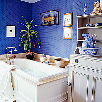 浴室,白色,浴缸,墙壁,蓝色,壁纸