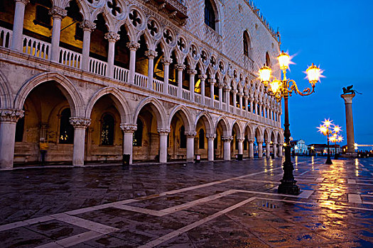 路灯,光亮,夜晚,正面,建筑,威尼斯,意大利