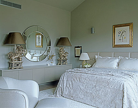 主卧室,圆形,镜子,两个,装饰,灯,面对,床
