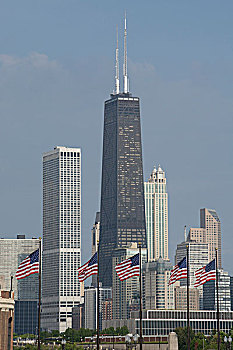 伊利诺斯,芝加哥,海军码头,美国,旗,飘扬,正面,城市天际线,约翰-汉考克大厦