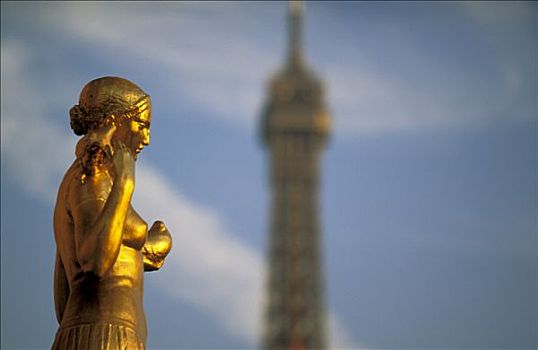 法国,巴黎,金色,雕塑,埃菲尔铁塔,背景