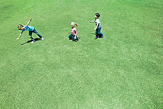 孩子,玩,草地,俯拍