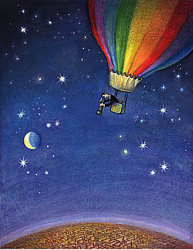 插画,商务人士,骑,热气球,太空