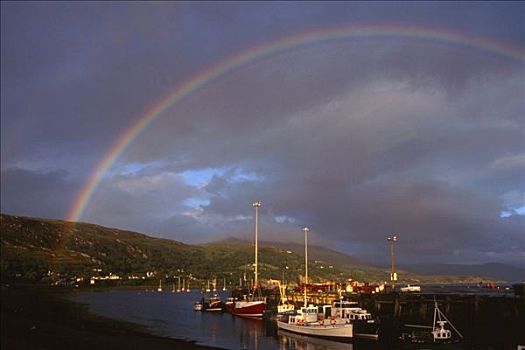 彩虹,上方,渔村,苏格兰,英国,欧洲