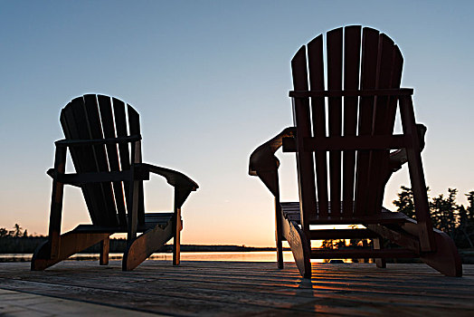 剪影,宽木躺椅,木质,码头,湖,日落,安大略省,加拿大