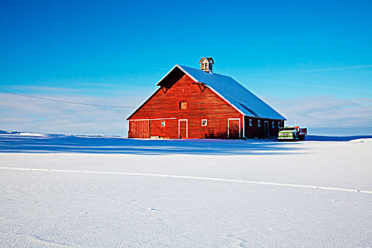 美国,爱达荷,老,红色,谷仓,卡车,暴风雪