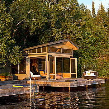 屋舍,木质,码头,水边,湖,木头,安大略省,加拿大