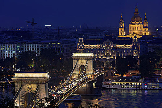 夜拍,害虫,河岸,链索桥,宫殿,布达佩斯,匈牙利,欧洲