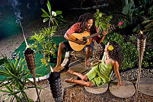 年轻,牙买加人,男人,小夜曲,美女,热带,花园