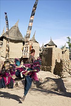 马里,多贡人居住区,蒙面舞,穿,面具,空中,多贡,乡村,石头,壮观,跳舞