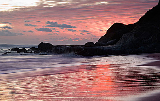 日落,上方,水,岩石,海岸线