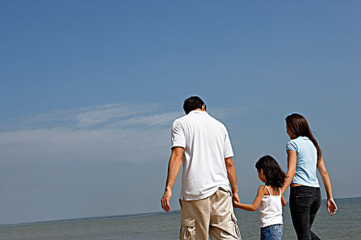 家庭,握手,走,海滩