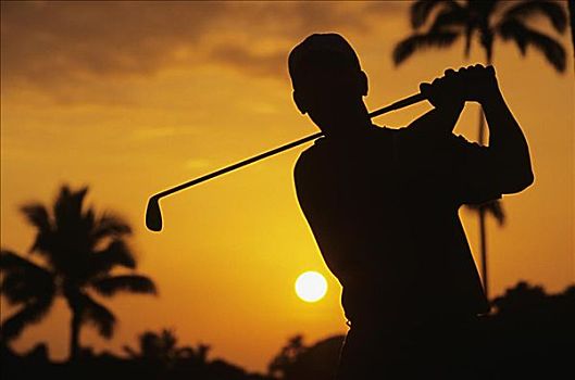 夏威夷,瓦胡岛,高尔夫球场,剪影,高尔夫球杆,橙色,日落,天空,无肖像权