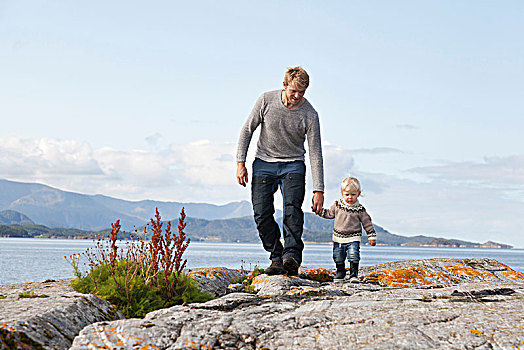 男人,儿子,漫步,峡湾,挪威