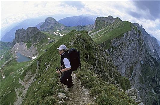 女人,远足,顶峰,山脊,奥地利