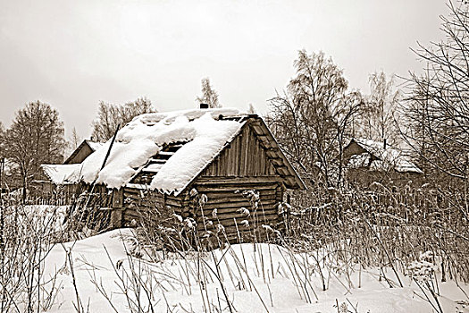 老,木屋,冬天,雪