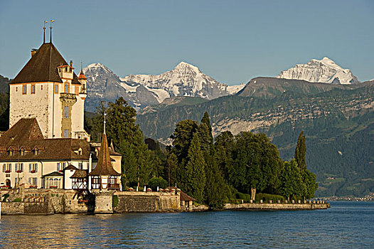 城堡,正面,艾格尔峰,少女峰,湖,伯恩,瑞士,欧洲