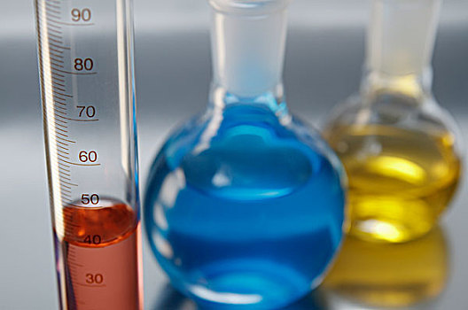 化学品,实验室,玻璃器皿,量筒,两个,长颈瓶