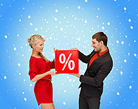 购物,礼物,圣诞节,情侣,圣诞,概念,微笑,女人,男人,红色,百分比,销售,标识