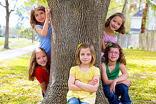 孩子,姐妹,女孩,朋友,玩,树干,公园,户外