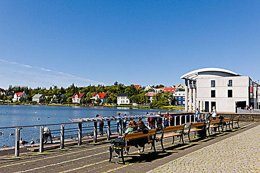 长椅,湖,市政厅,雷克雅未克,冰岛,北欧,欧洲