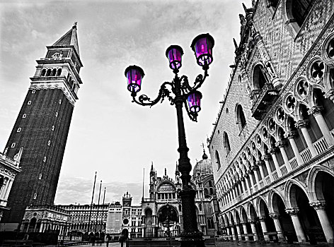 意大利,威尼斯,广场,钟楼,宫殿,灯