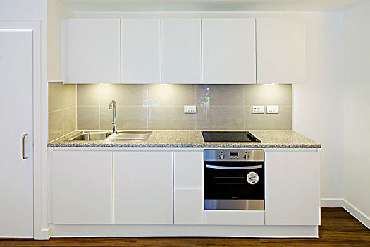 一个,伦敦,英国,厨房,光滑,白色,整体橱柜,木地板