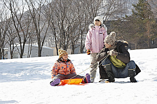 父亲,孩子,雪橇运动