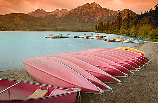 划船,独木舟,山峦,艾伯塔省,加拿大