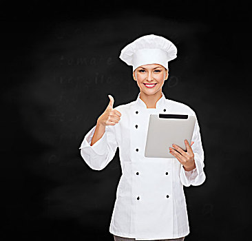烹调,科技,概念,微笑,女性,厨师,烹饪,做糕点,平板电脑,电脑,展示,竖大拇指