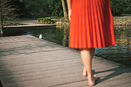 女人,红裙,木板路