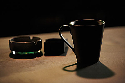 安静,生活,咖啡,杯子,烟灰缸,香烟,小包装,黑色