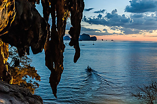 悬挂,石头,船,日落,背景,甲米,泰国