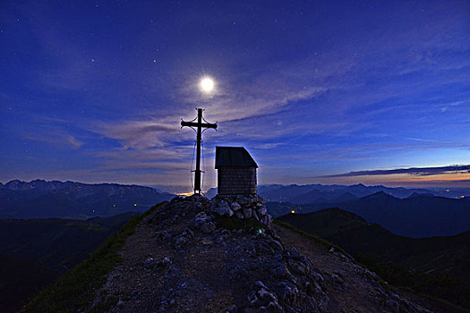 顶峰,小教堂,山,黃昏,满月