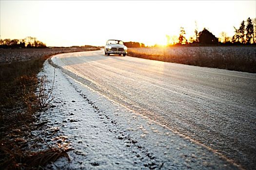 冬天,道路,日落,瑞典