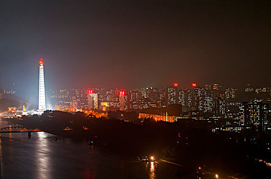 天际线,夜晚,塔,左边,平壤,朝鲜,亚洲