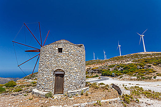 老,风车,现代,风轮机,纳克索斯岛,希腊