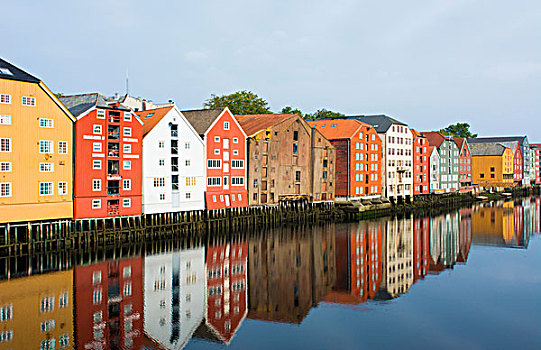 特隆赫姆,挪威,著名,老,仓库,家,上方,河,反射,水上