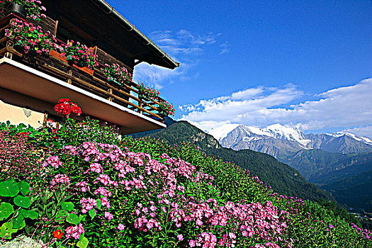 法国,阿尔卑斯山,上萨瓦省,木房子,勃朗峰,背景