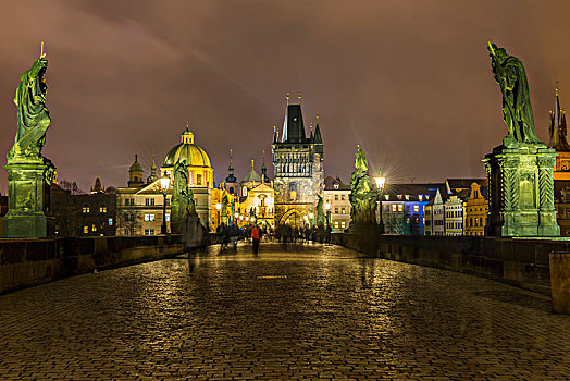 查理大桥,桥,塔,夜景,历史,中心,布拉格,波希米亚,捷克共和国,欧洲